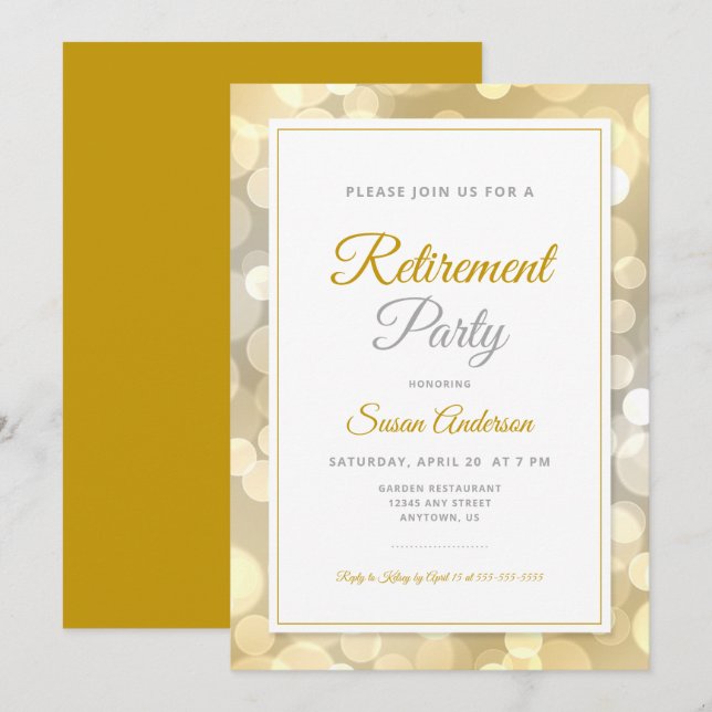 Invitación Elegante Fiesta de Jubilación Bokeh de Oro (Anverso / Reverso)