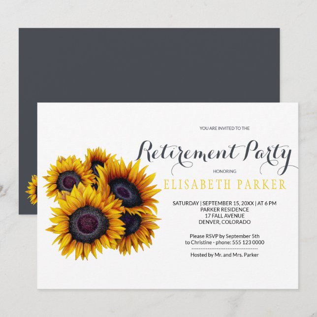 Invitación Elegante Fiesta de Jubilación Bouquet Sunflowers (Anverso / Reverso)