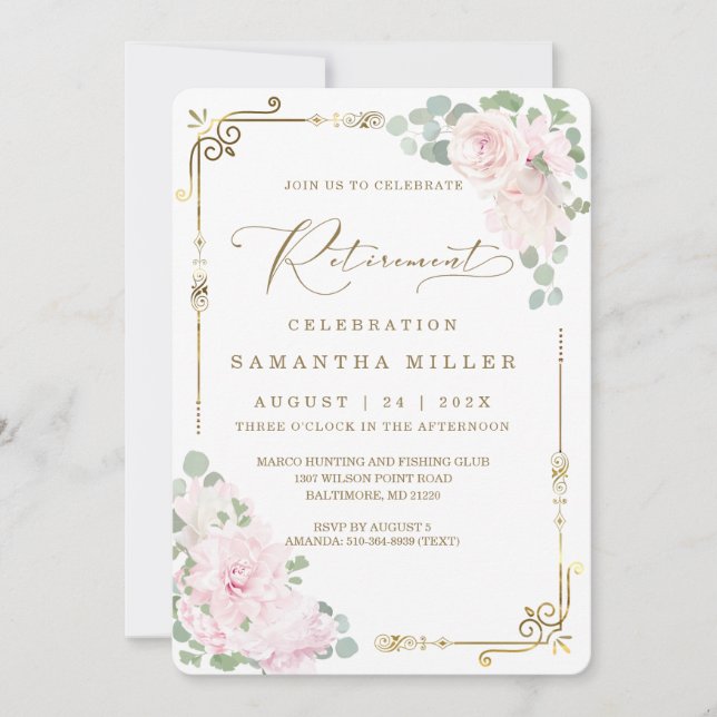 Invitación Elegante Fiesta de Jubilación con Flores Rosadas (Anverso)