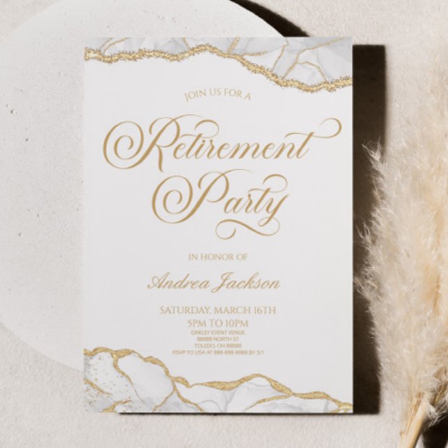 Invitación Elegante Fiesta de Jubilación de Agate de Oro Blan (Subido por el creador)