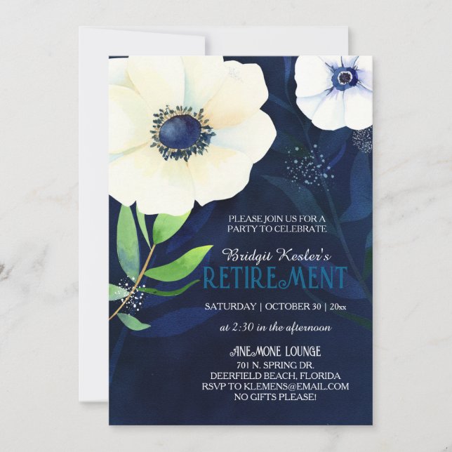 Invitación Elegante Fiesta de Jubilación de Anemones (Anverso)
