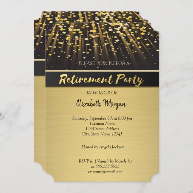 Invitación Elegante Fiesta de Jubilación de Confetti de Oro (Anverso / Reverso)