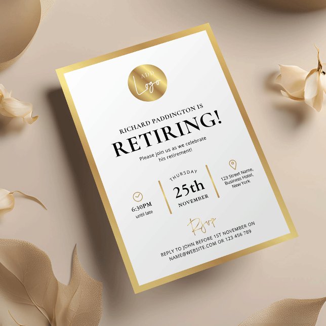Invitación Elegante Fiesta de Jubilación de Empleados Formale (Modern white and faux gold retirement party business invitation with your logo)
