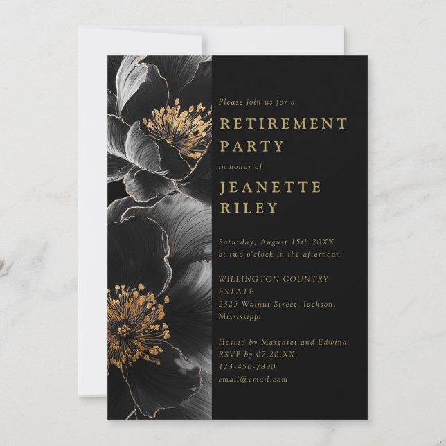 Invitación Elegante Fiesta De Jubilación De Flores Negra Y Or (Anverso)