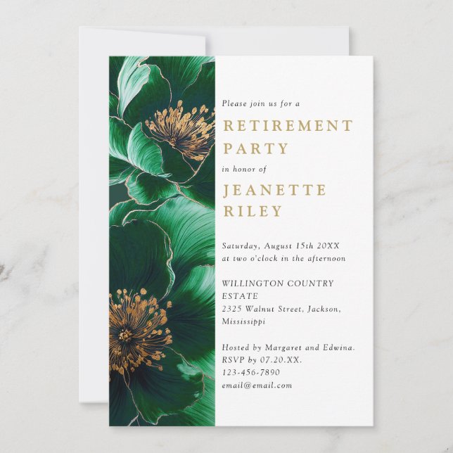Invitación Elegante Fiesta De Jubilación De Flores Verdes Y O (Anverso)