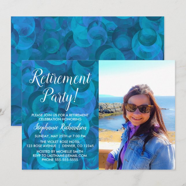 Invitación Elegante Fiesta de Jubilación de Fotografías Azule (Anverso / Reverso)