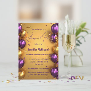Invitación Elegante Fiesta de Jubilación de Globos de Oro Púr