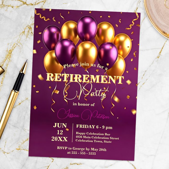 Invitación Elegante Fiesta de Jubilación de Globos Dorados y  (Subido por el creador)