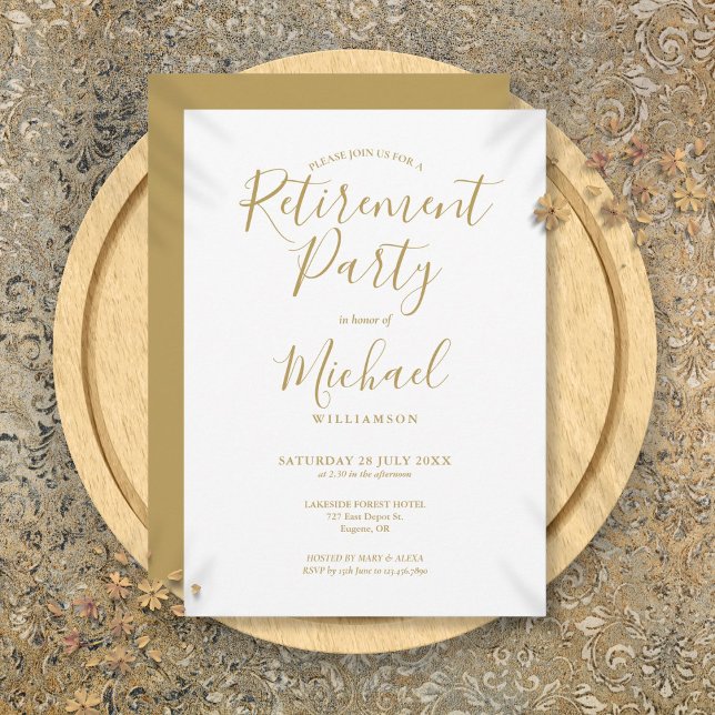 Invitación Elegante Fiesta de Jubilación de Guiones de Oro (Elegant Gold Script Retirement Party Invitation)