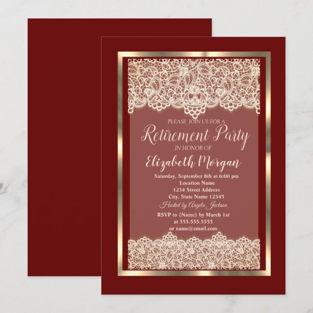 Invitación Elegante Fiesta de Jubilación de Marco Dorado Lace (Anverso / Reverso)