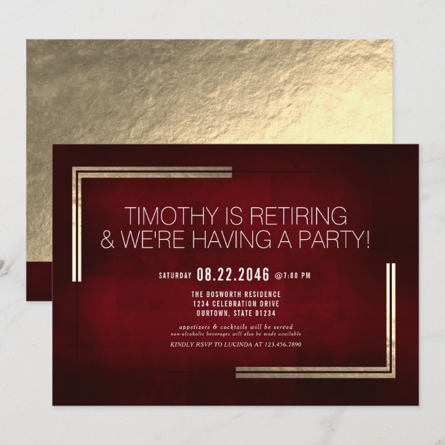 Invitación Elegante Fiesta de Jubilación de Oro/Rojo (Anverso / Reverso)