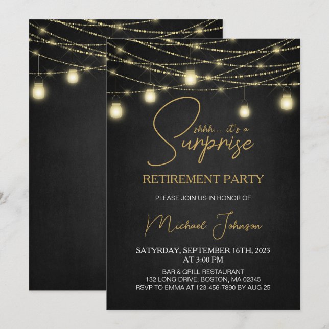 Invitación Elegante Fiesta de Jubilación de Sorpresa con Guió (Anverso / Reverso)