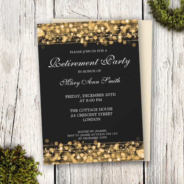 Invitación Elegante Fiesta de Jubilación Dorada Sparkles (Subido por el creador)