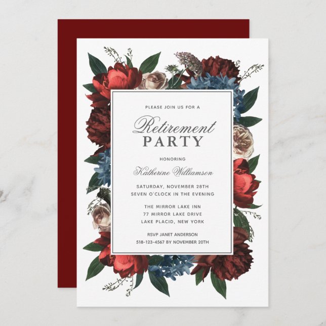 Invitación Elegante Fiesta de Jubilación Floral (Anverso / Reverso)