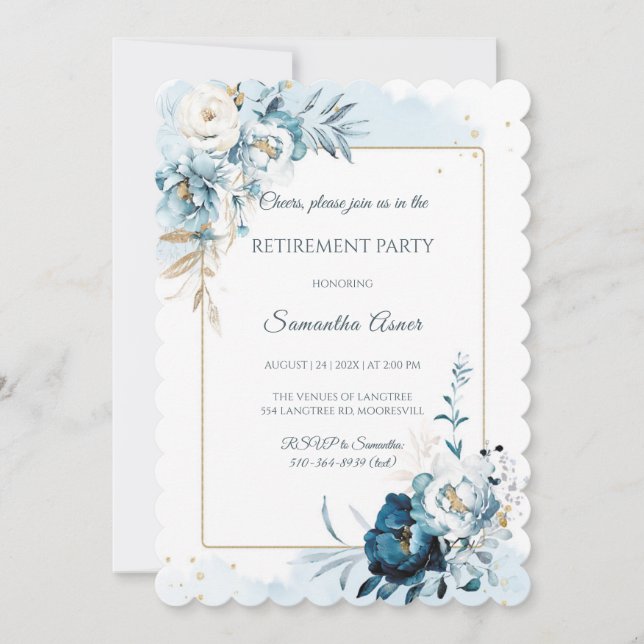 Invitación Elegante Fiesta de Jubilación Floral Azul (Anverso)