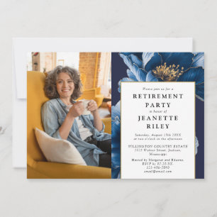 Invitación Elegante Fiesta de Jubilación Floral Azul de la Ma