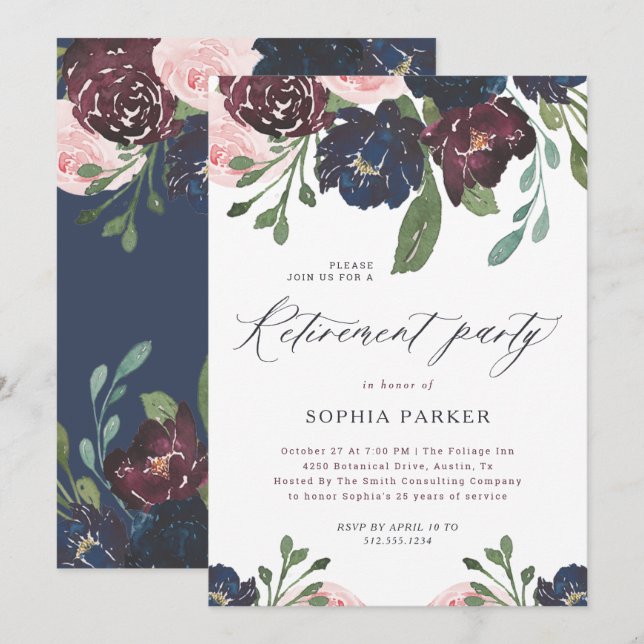Invitación Elegante Fiesta de Jubilación Floral Azul y Pluma  (Anverso / Reverso)