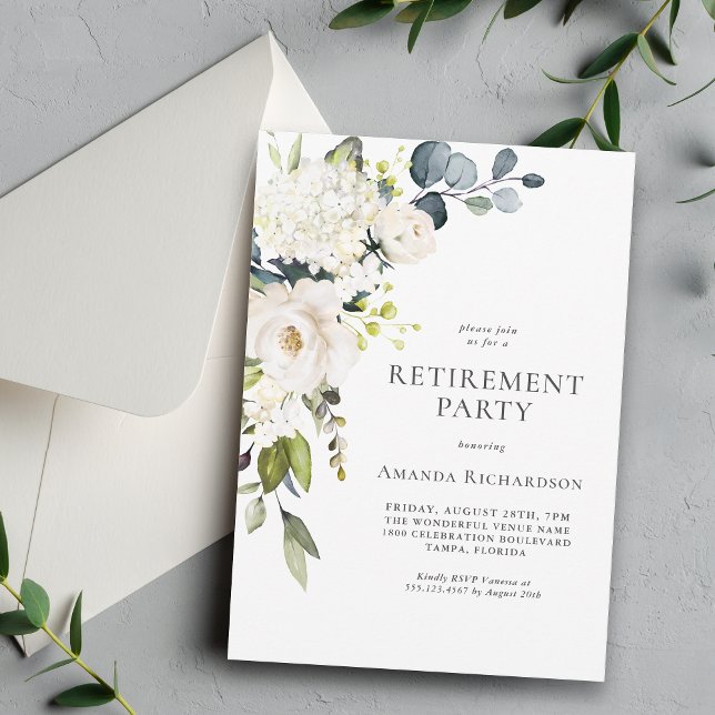Invitación Elegante Fiesta de Jubilación Floral Blanca (Available as printed and paperless digital download!)