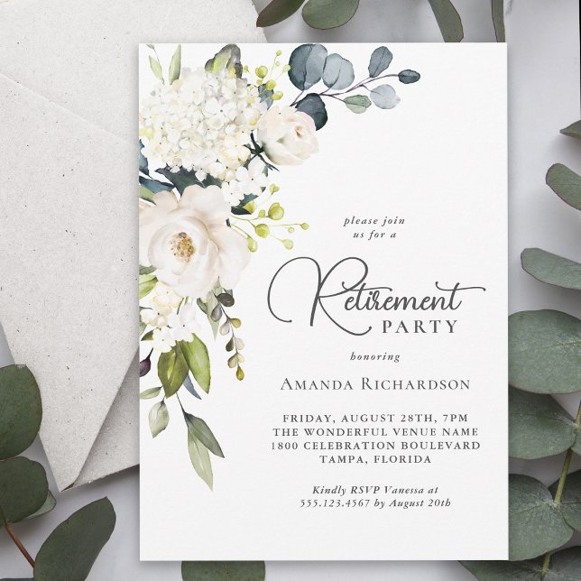 Invitación Elegante Fiesta de Jubilación Floral Blanca (Available as printed and paperless digital download!)