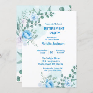 Invitación Elegante Fiesta de Jubilación Floral de color Azul