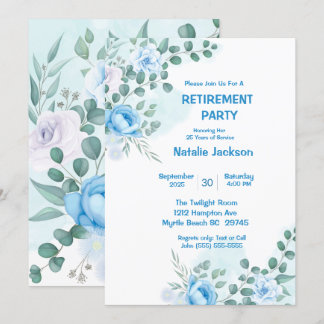 Invitación Elegante Fiesta de Jubilación Floral de color Azul
