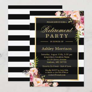 Invitación Elegante Fiesta de Jubilación Floral Gold Black St