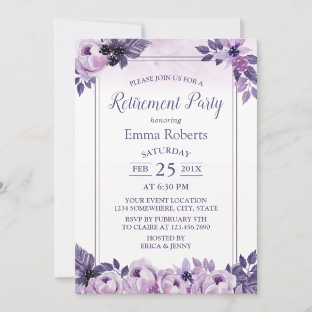Invitación Elegante Fiesta de Jubilación Floral Mauve de colo (Anverso)