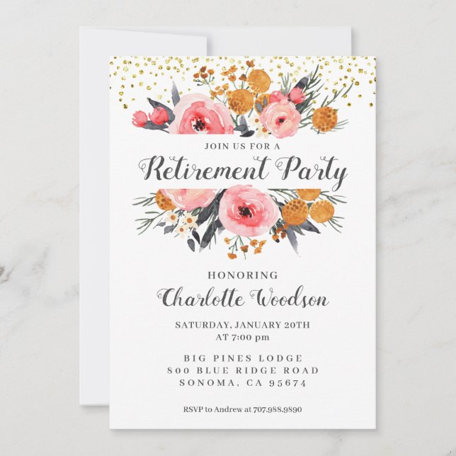 Invitación Elegante Fiesta de Jubilación | Floral Rubor Pink  (Anverso)