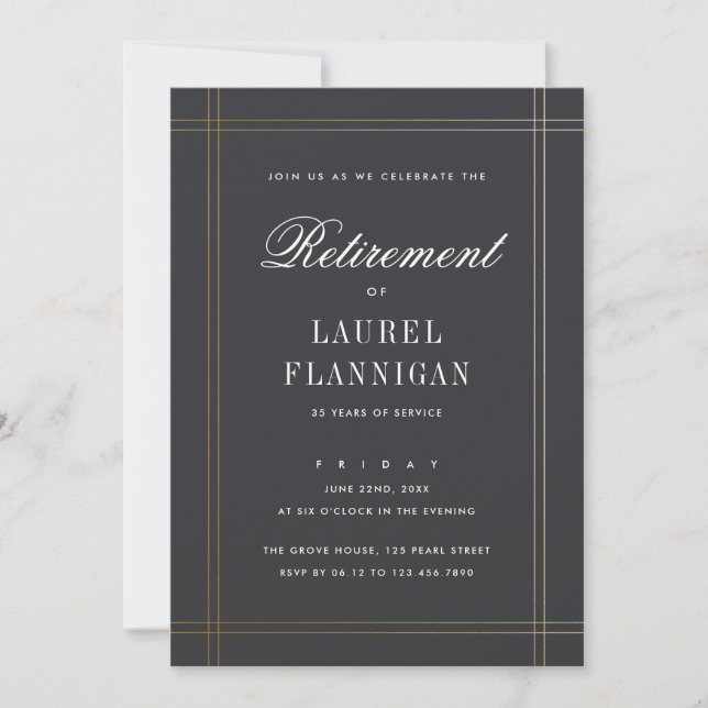 Invitación Elegante Fiesta de Jubilación Formal Negro y Oro (Anverso)