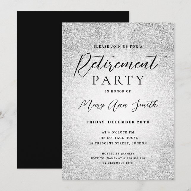 Invitación Elegante Fiesta de Jubilación Glam Silver Purpurin (Anverso / Reverso)