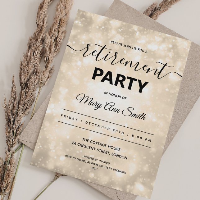 Invitación Elegante Fiesta de Jubilación Gold Champán (Elegant Retirement Party Gold Champagne Sparkles Invitation)