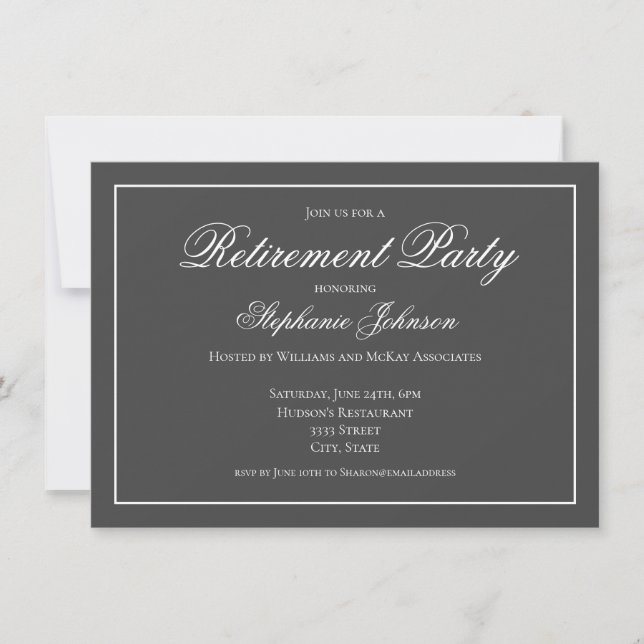 Invitación Elegante Fiesta de Jubilación Gris Oscuro (Anverso)