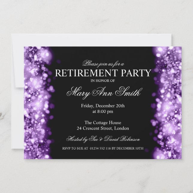 Invitación Elegante Fiesta de Jubilación Luces de Espuma Púrp (Anverso)