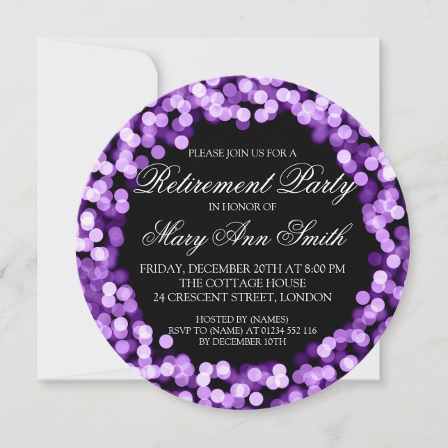 Invitación Elegante Fiesta de Jubilación Luces Moradas Sparkl (Anverso)