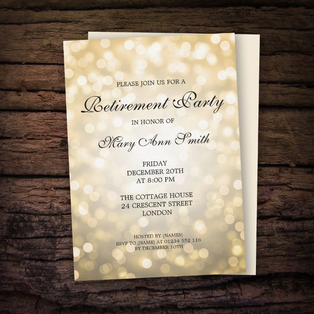 Invitación Elegante Fiesta de Jubilación Luces Purpurinas de  (Subido por el creador)