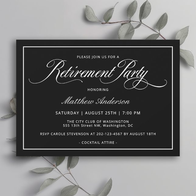 Invitación Elegante Fiesta de Jubilación Negra Clásico Simple (Available in both printed and instant download digital formats.)