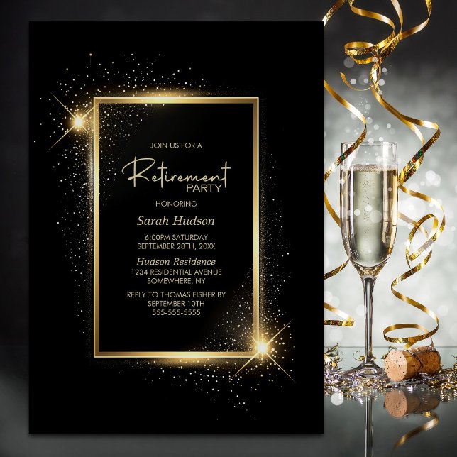 Invitación Elegante Fiesta de Jubilación Negra y Oro (Subido por el creador)
