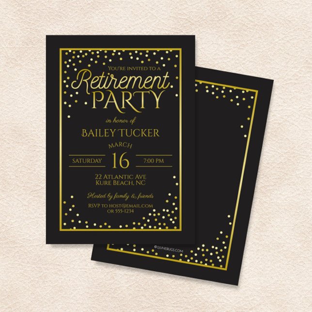 Invitación Elegante Fiesta de Jubilación Negra y Oro (Subido por el creador)
