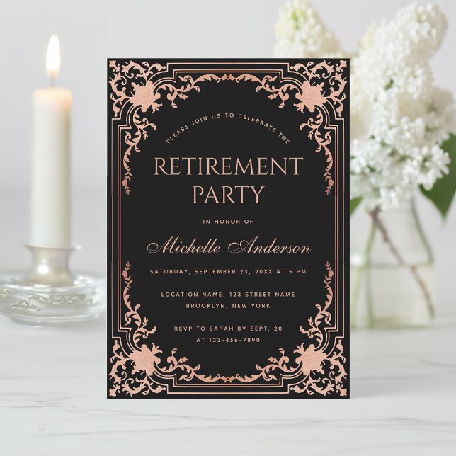 Invitación Elegante Fiesta de Jubilación Oro Rosa Negro (Subido por el creador)
