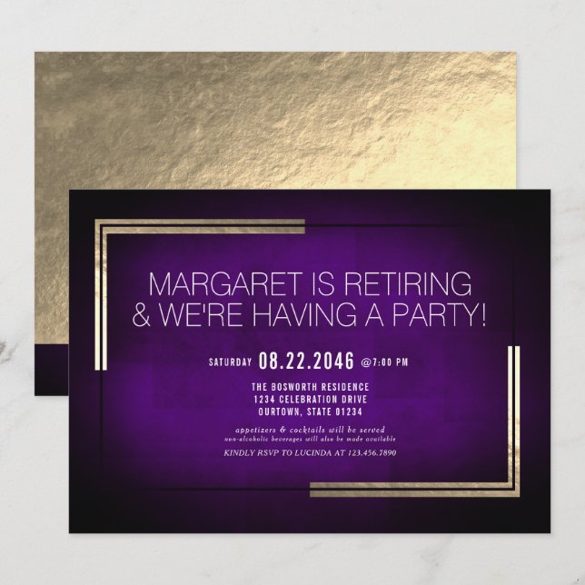 Invitación Elegante Fiesta de Jubilación Purple/Gold (Anverso / Reverso)