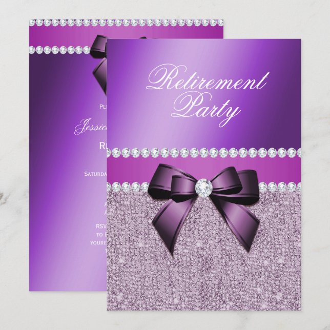 Invitación Elegante Fiesta de Jubilación Púrpura (Anverso / Reverso)