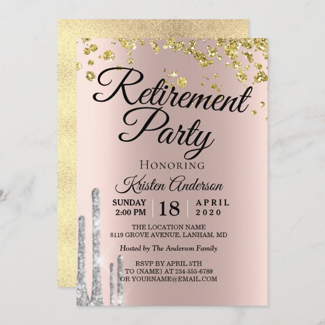Invitación Elegante Fiesta de Jubilación Purpurina (Anverso / Reverso)