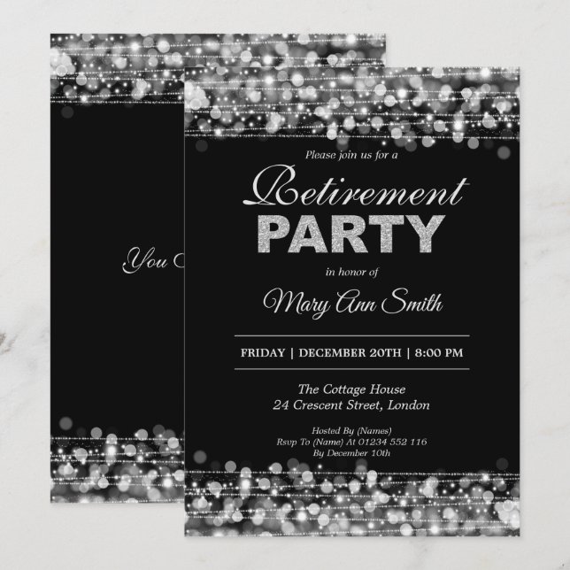 Invitación Elegante Fiesta de Jubilación Purpurina Plata (Anverso / Reverso)