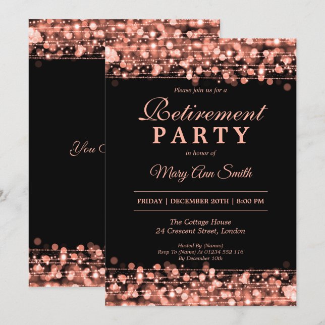 Invitación Elegante Fiesta de Jubilación Rosa Oro (Anverso / Reverso)