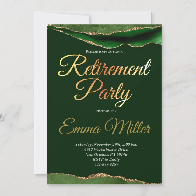 Invitación Elegante Fiesta de Jubilación Verde Oro (Anverso)