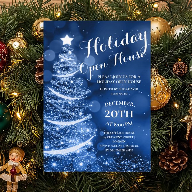 Invitación Elegante Fiesta de la Casa Abierta de Blue Holiday (Elegant Blue Holiday Open House Party Invitation)