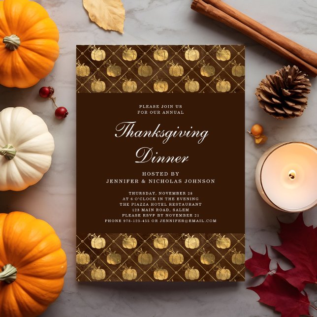 Invitación Elegante Fiesta de la cena de Acción de Gracias de (Elegant Pumpkin Thanksgiving Dinner Party Invitation)