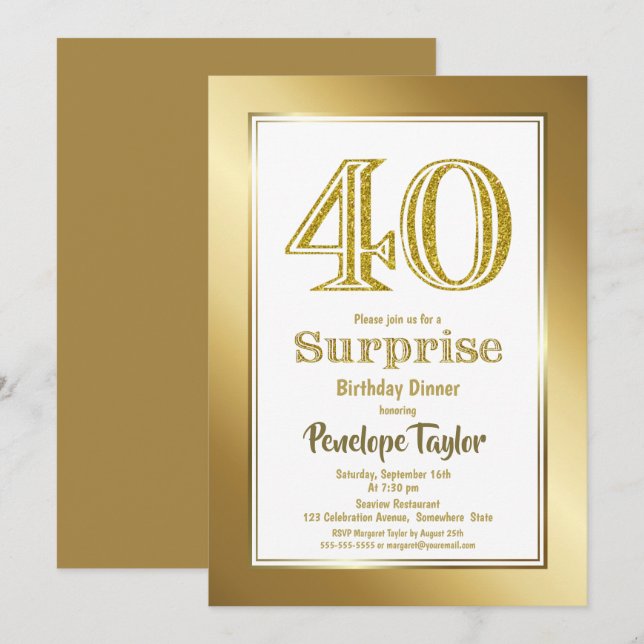 Invitación Elegante Fiesta de la cena de cumpleaños 40 Gold (Anverso / Reverso)
