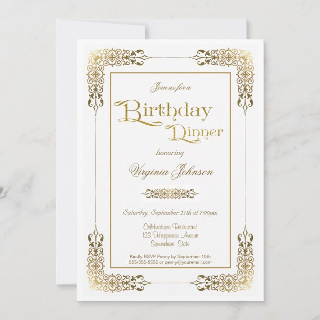 Invitación Elegante Fiesta de la cena de cumpleaños de oro or (Anverso)