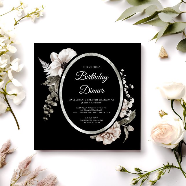 Invitación Elegante Fiesta de la cena de cumpleaños floral ne (Elegant Floral Cream Black Birthday Dinner Party Invitation)